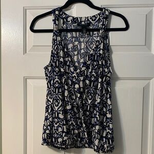 White House Black Market Black, Blue and White Patterned Tank Top